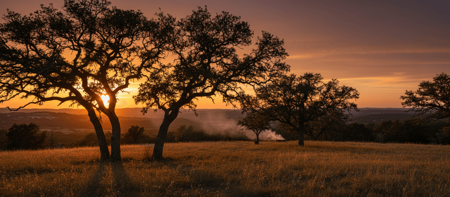 Texas Hill Country sunset with post oak trees